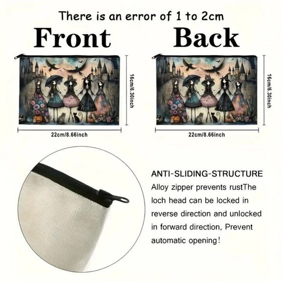 Gothic Style Makeup Pouch with Witches, Black Cats & Owls Design 8.5” x 6.5” - Picture 2 of 2